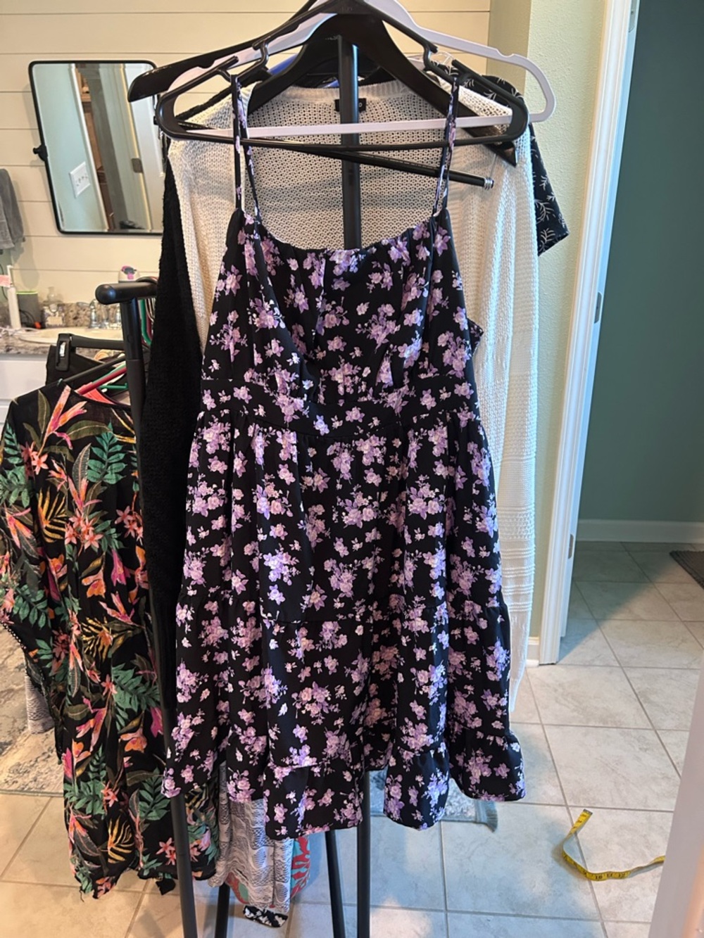 SHEIN Black Floral Curve Dress with Purple Blossoms